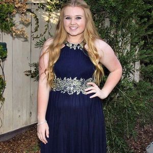 Navy Blue High Neck Floor Length Gown